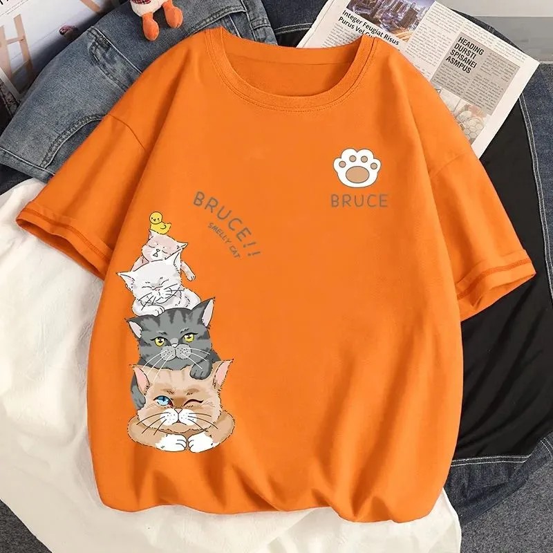 純棉萌貓印花短袖上衣-夏季寬鬆好搭 輕鬆休閒風