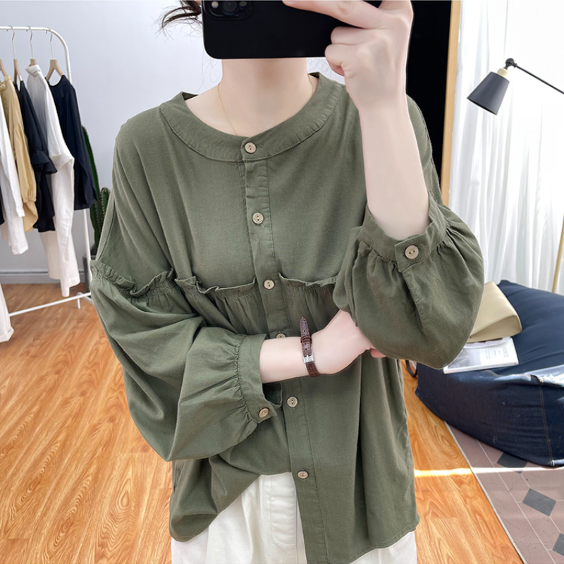 純棉燈籠袖襯衫 圓領排釦 荷葉邊拼接 寬鬆復古感