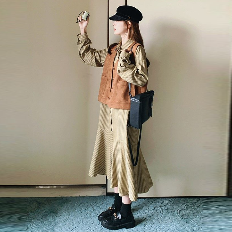 韓系條紋襯衫洋裝＋背心 兩件式套裝 長袖成套穿搭 設計感新款