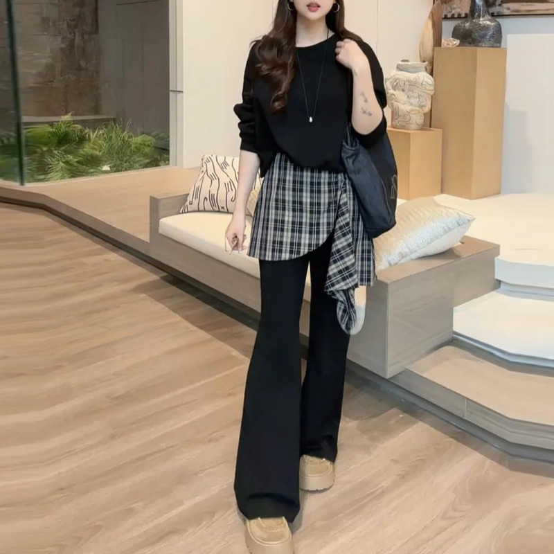 兩件式休閒套裝 長袖上衣＋高腰寬褲（拼接設計）