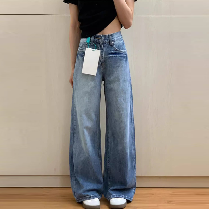 水洗高腰直筒牛仔褲 美式復古 寬鬆寬褲 垂墜感 拖地版
