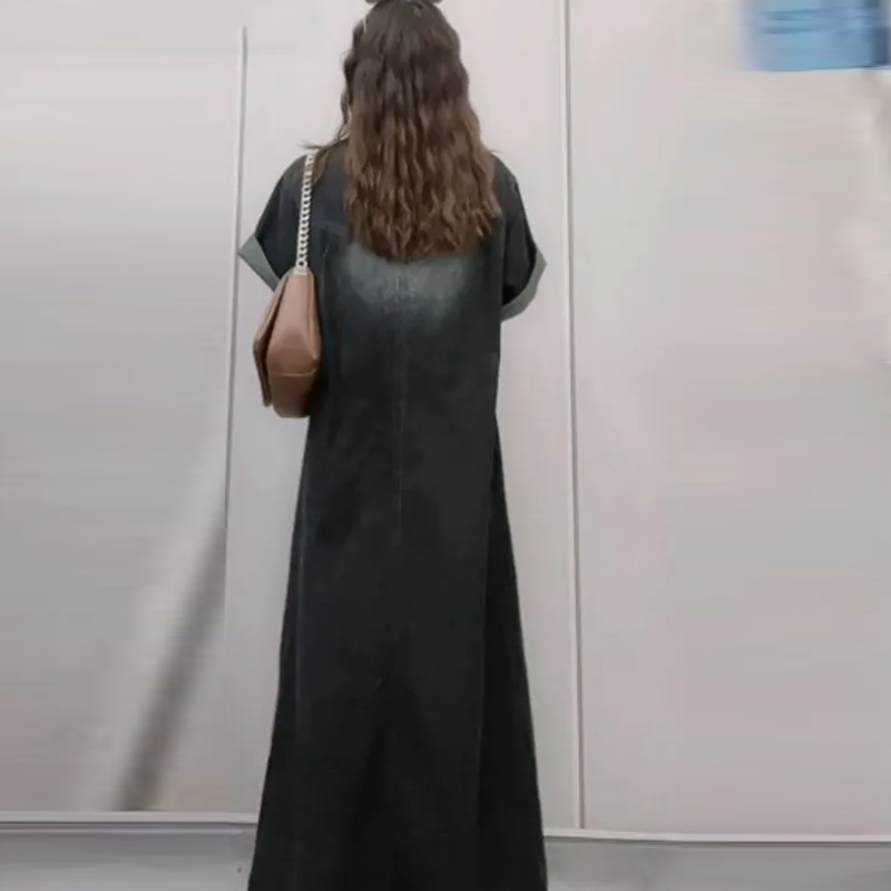 慵懶氣質復古丹寧洋裝 休閒A字裙顯瘦牛仔連身裙 寬鬆大尺碼