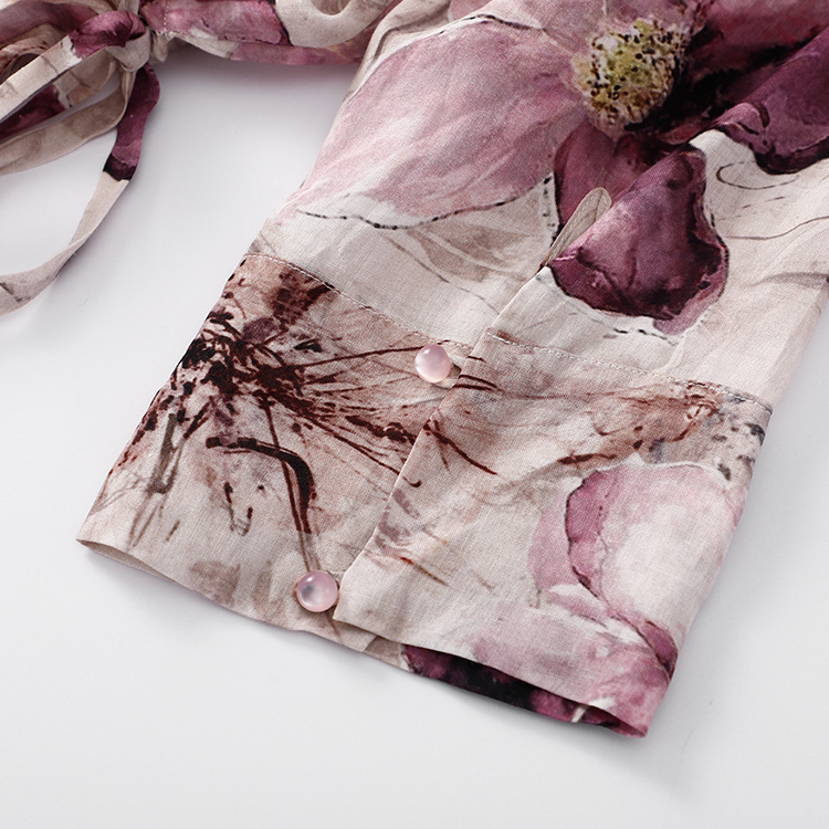 加大尺碼文青風苧麻薄款抽繩收腰碎花圓領洋裝