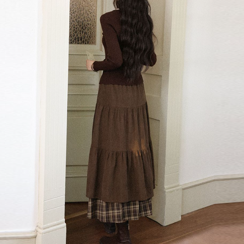 燈心絨拼接格紋長裙 高腰A字版 加厚保暖 日系氣質半身裙