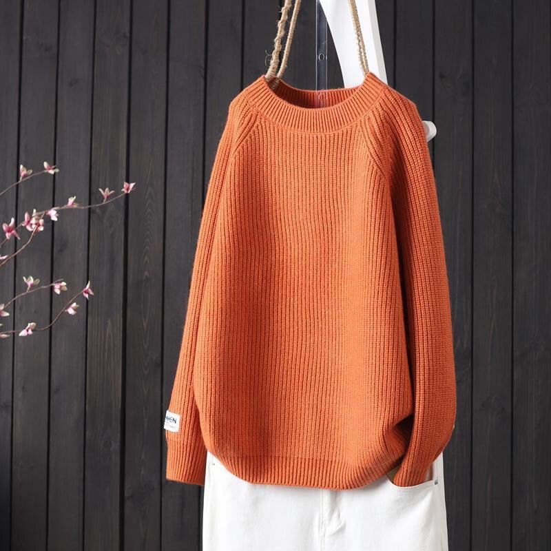 2024秋冬洋氣圓領純色線條紋簡約冬季寬鬆針織衫套頭女裝加厚毛衣