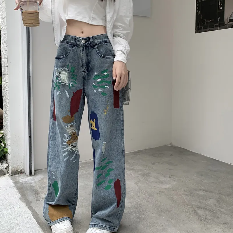 韓系 ‧ 彩色塗鴉牛仔長褲(中性風格男女可穿) 寬鬆破洞牛仔褲 高腰設計直筒寬褲