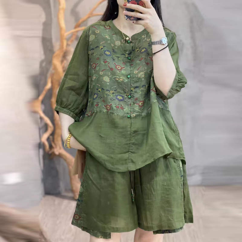 簡約 ‧ 文藝復古印花短袖上衣+短褲(兩件套) 透氣抽繩短褲套裝