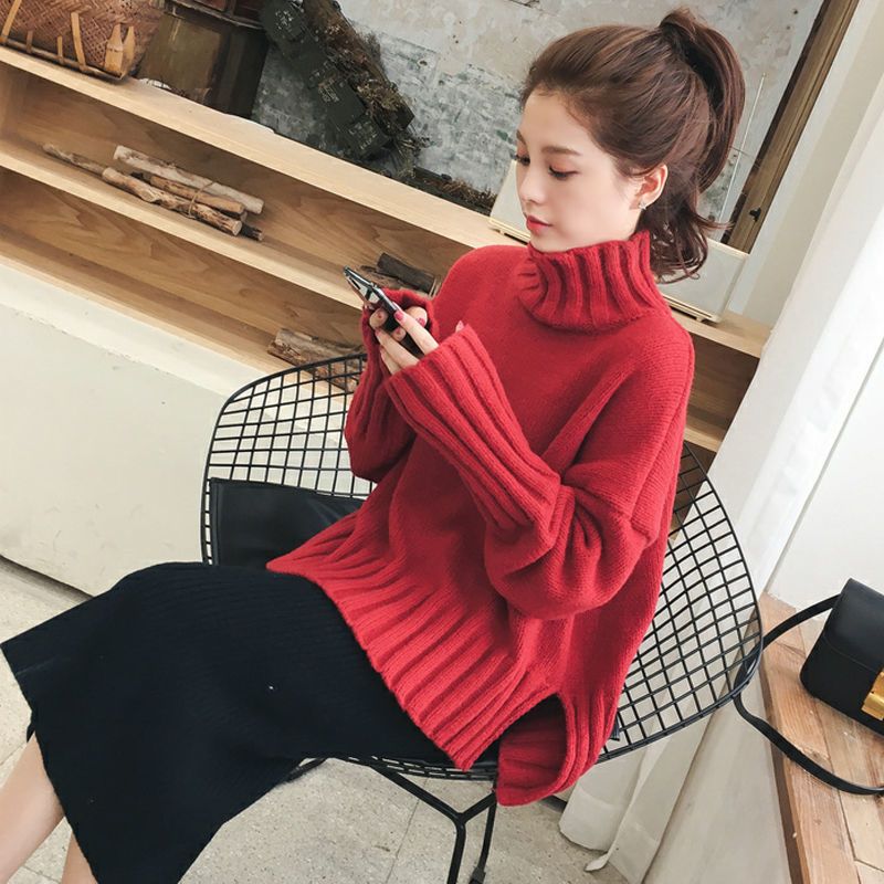 寬鬆高領針織毛衣 落肩版型 加長羅紋下擺與袖口