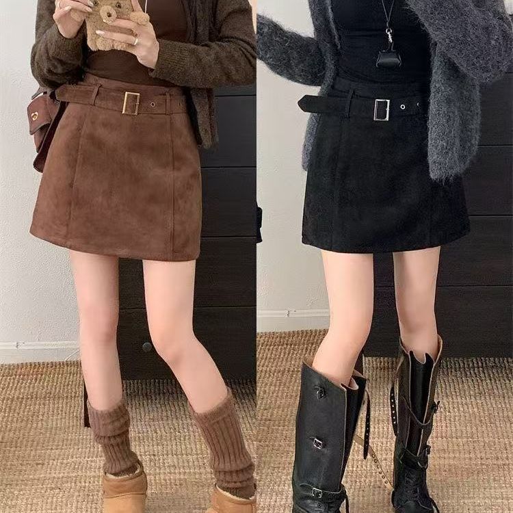麂皮質感高腰 A 字短裙 咖啡色系 秋冬百搭款