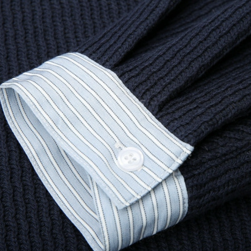 翻領條紋針織拼接假兩件上衣 休閒剪裁 春秋百搭款