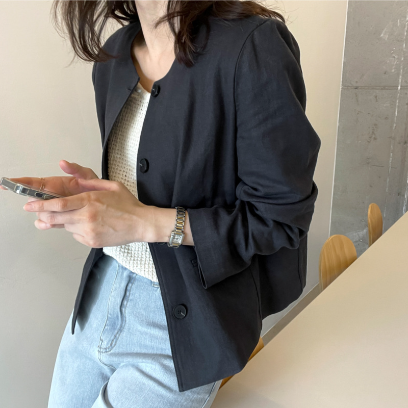 韓系棉麻薄外套 長袖開襟 圓領小西裝版