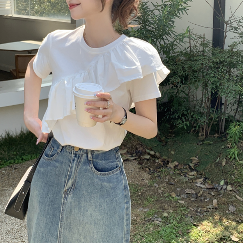 甜美荷葉邊短袖上衣 小眾顯瘦T恤設計感白色