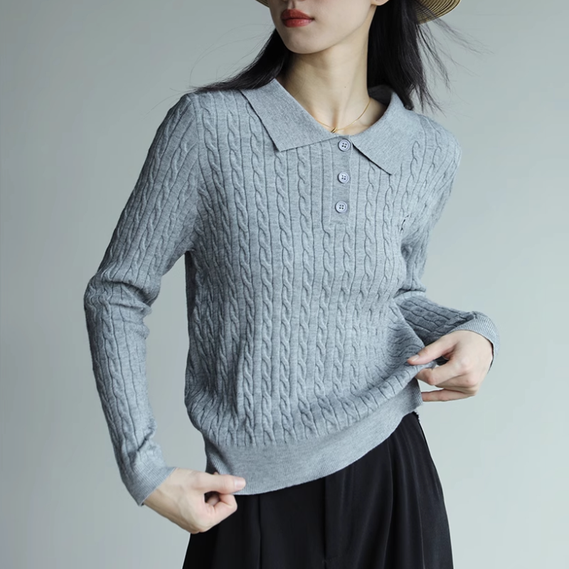 復古灰色翻領刺繡針織衫 通勤麻花毛衣顯瘦上衣