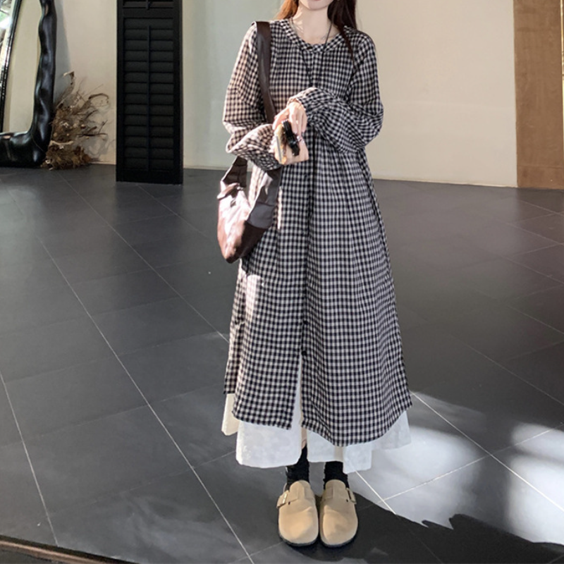 日系復古格紋襯衫洋裝 長袖寬鬆 可層次穿搭 慵懶風（嬌小友善）