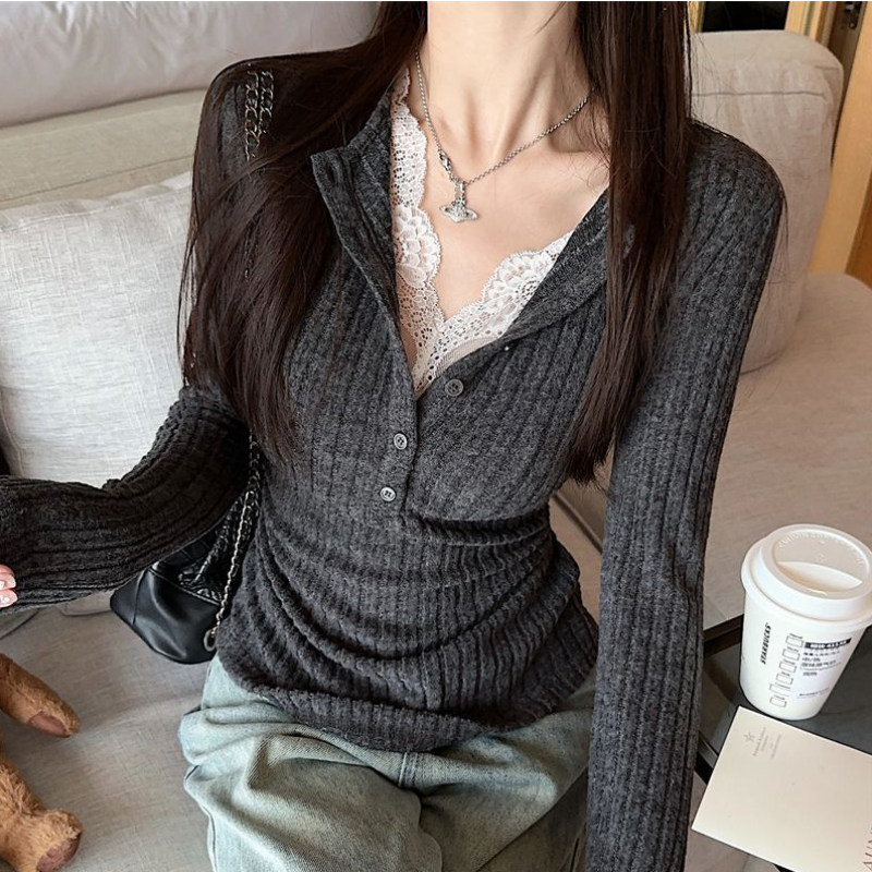 假兩件蕾絲拼接針織上衣 坑條羅紋 秋冬收腰修身長袖打底款