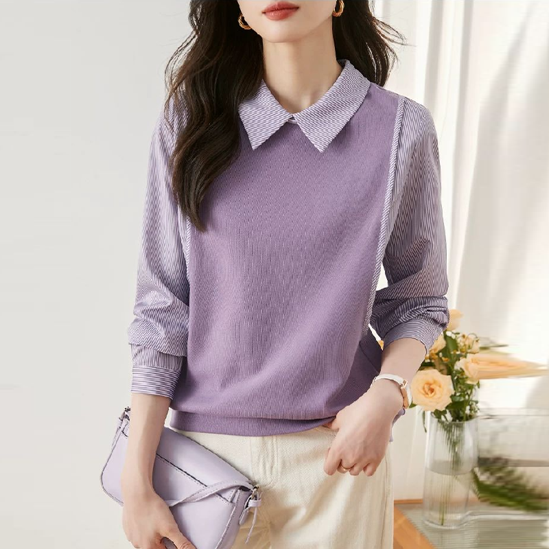 春夏法式條紋假兩件長袖襯衫 高級感豎條紋浪漫紫色翻領上衣