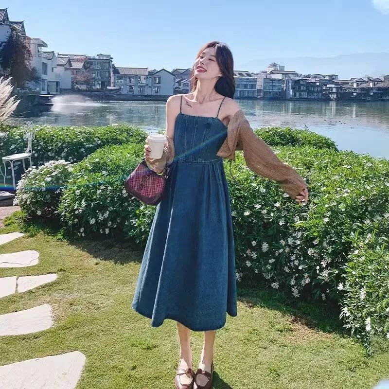【單品可選】法式復古牛仔吊帶連身裙套裝 韓版針織罩衫+吊帶裙