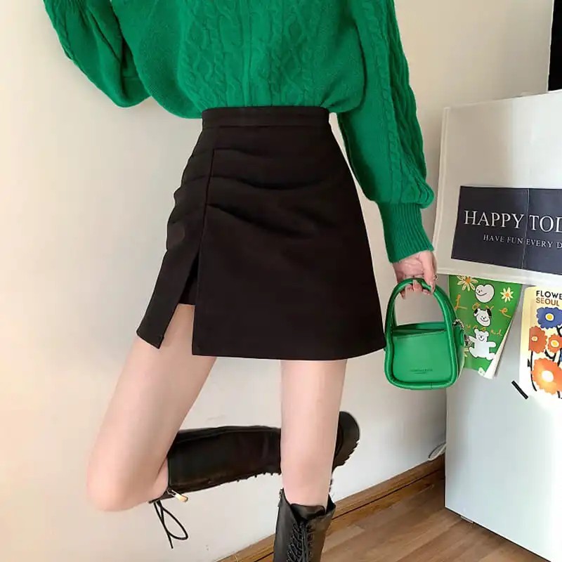 高腰開衩褶疊毛呢短裙 設計感A字版 顯瘦修飾 好搭百褶感（內建安全褲）