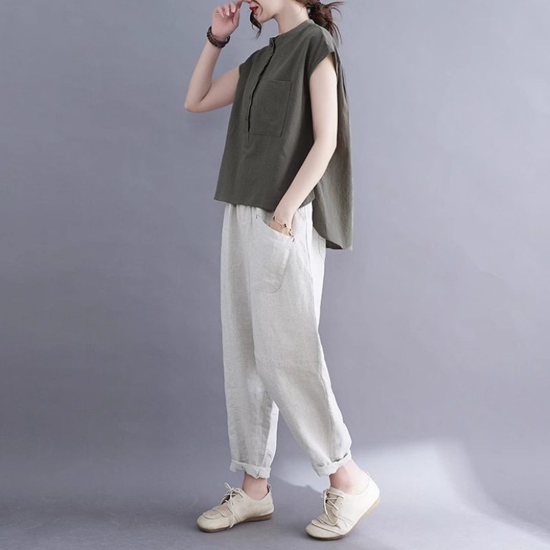 夏季棉麻無袖上衣｜文青風立領素色寬版襯衫 大尺碼百搭款