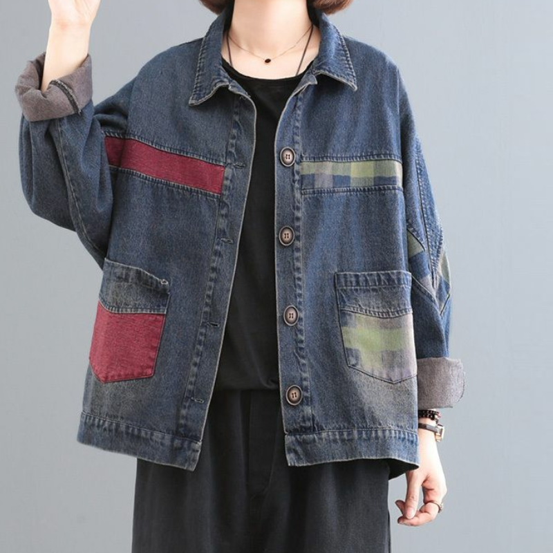 復古拼布丹寧外套 大尺碼寬鬆 厚質保暖