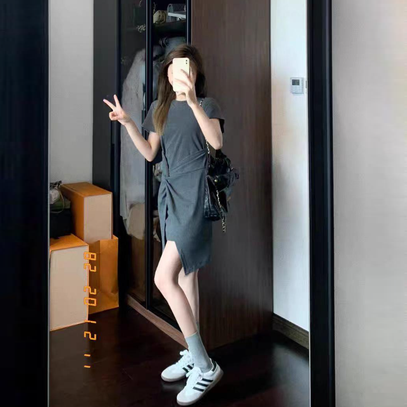 法式氣質收腰短袖連身裙 小眾設計圓領短裙