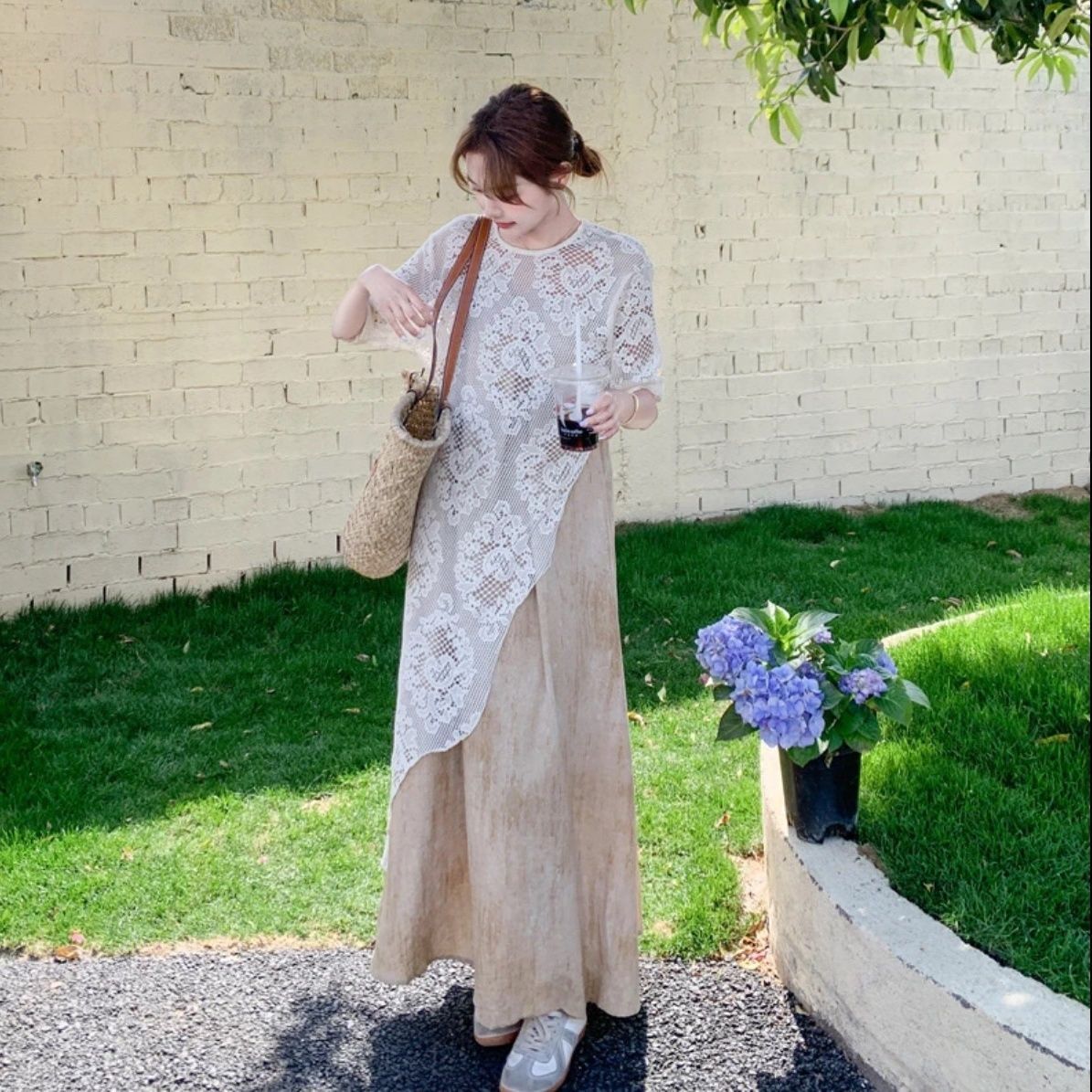 蕾絲鏤空罩衫＋吊帶洋裝 法式浪漫風兩件式套裝 法式慵懶