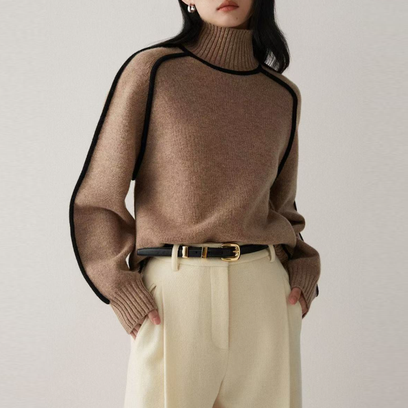 高領插肩針織毛衣 法式感燈籠袖 滾邊設計 寬鬆版型