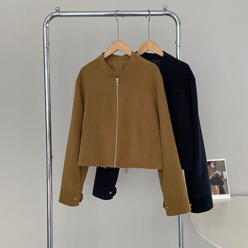 美式復古立領短版夾克 拉鍊門襟 釦帶設計 挺版有型外套