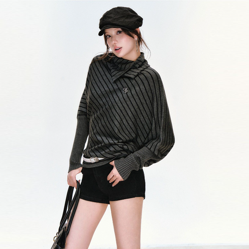 條紋蝙蝠袖針織上衣 高翻領/可翻折 寬鬆慵懶 顯瘦有復古感