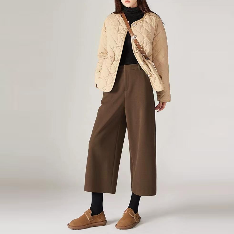 毛呢八分寬褲 秋冬新款休閒寬鬆顯瘦