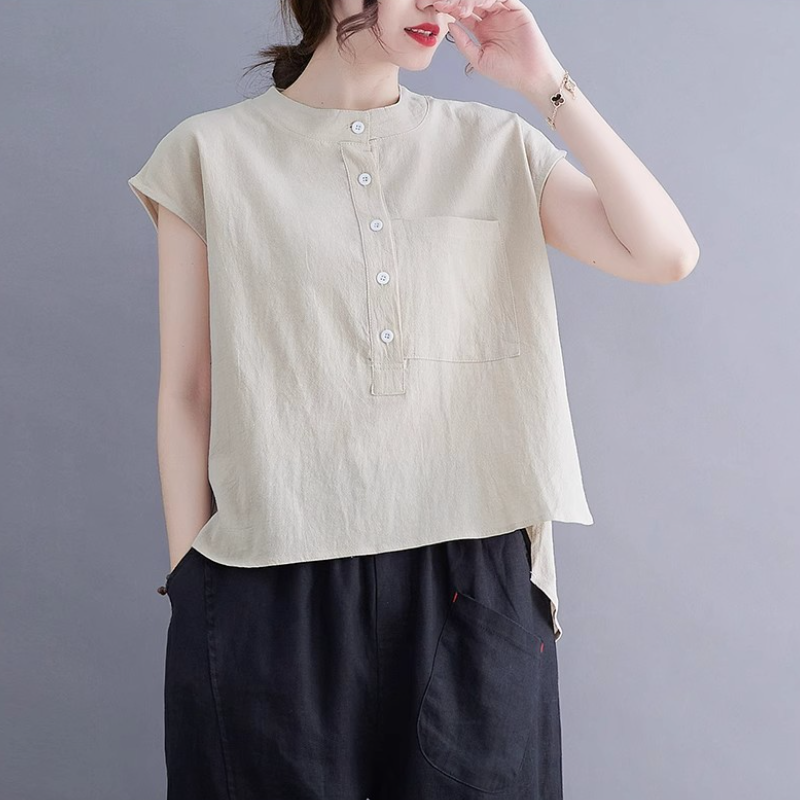 夏季棉麻無袖上衣｜文青風立領素色寬版襯衫 大尺碼百搭款