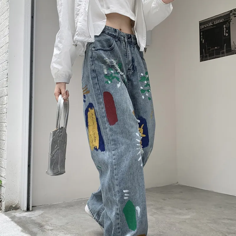 韓系 ‧ 彩色塗鴉牛仔長褲(中性風格男女可穿) 寬鬆破洞牛仔褲 高腰設計直筒寬褲