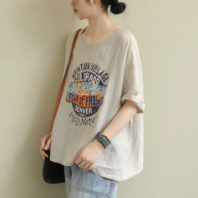 簡約．字母印花圖案上衣  棉麻印花短袖 圓領休閒t恤