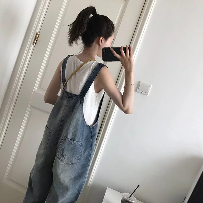 韓系 ‧ 九分牛仔吊帶褲 寬鬆韓版九分褲