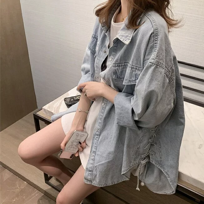 韓系 ‧ 牛仔襯衫外套 寬鬆牛仔襯衫 中長款百搭外套減齡上衣