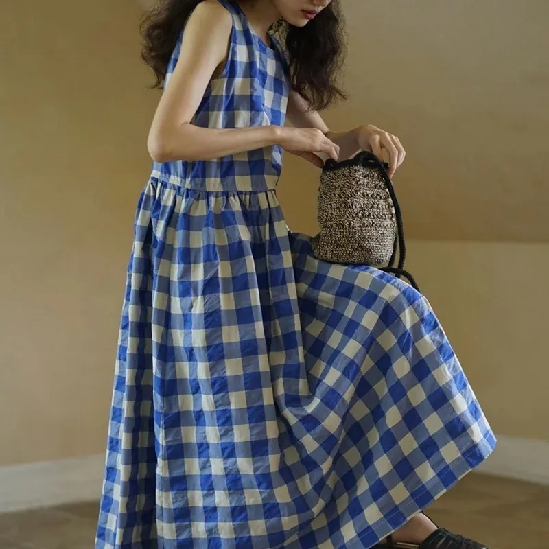 簡約．藍色格子無袖連身裙