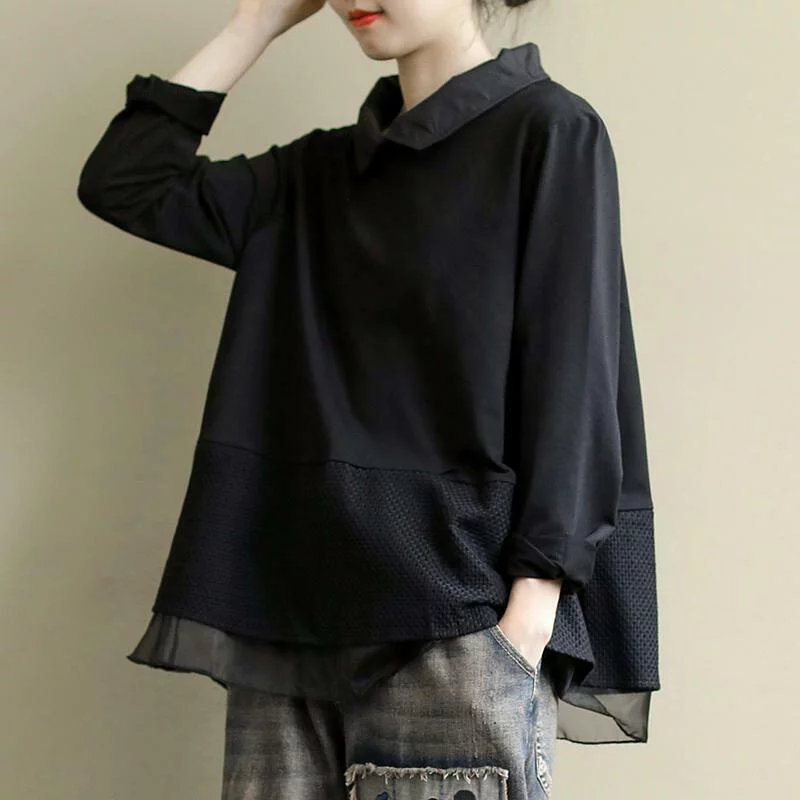 簡約．拼接蕾絲長袖上衣 寬鬆套頭襯衫