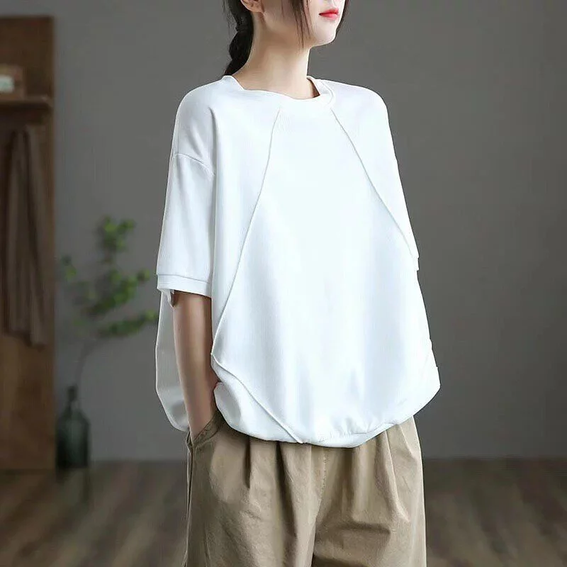 簡約素色圓領上衣-寬鬆顯瘦設計感短袖T恤 夏季百搭必備