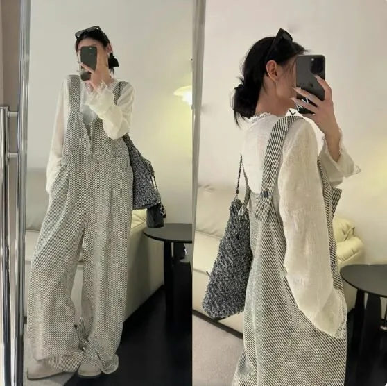 【單品可選】韓系 ‧ 斜紋寬版背帶連身褲+蕾絲花邊上衣