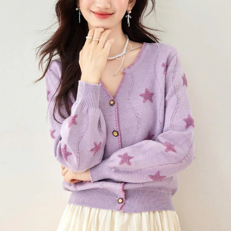 春秋溫柔紫圓領針織衫上衣