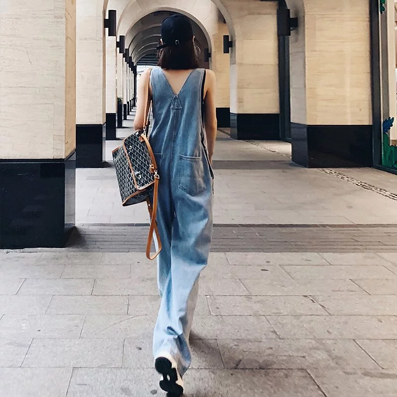 韓妞抗UV涼感牛仔吊帶褲 高腰寬褲顯腿長 夏季冷氣房工裝風背帶裙 小隻女顯高