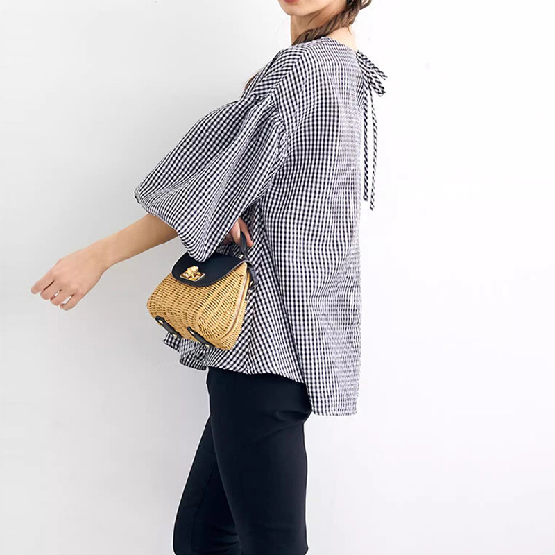 樂天新款 日韓寬鬆大版棉質襯衫 超大燈籠袖圓領五分袖上衣