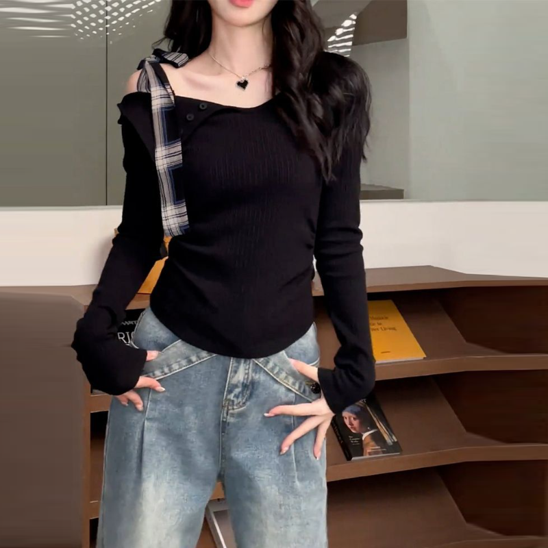 溫柔法式綁帶 斜肩一字領修身針織上衣 早秋顯瘦長袖內搭T恤