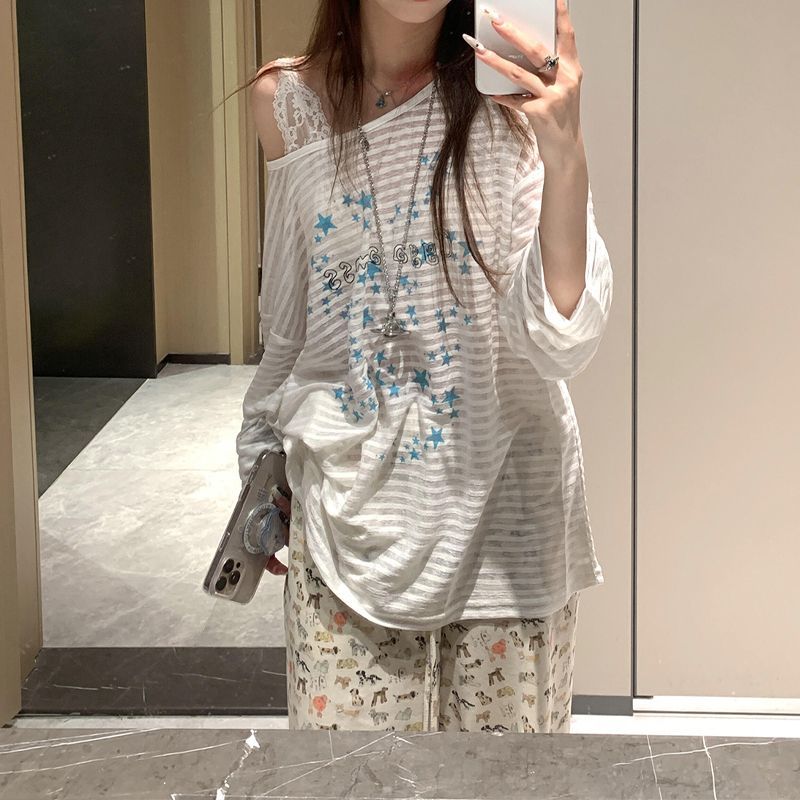 星星印花斜肩長袖上衣 輕薄防曬罩衫