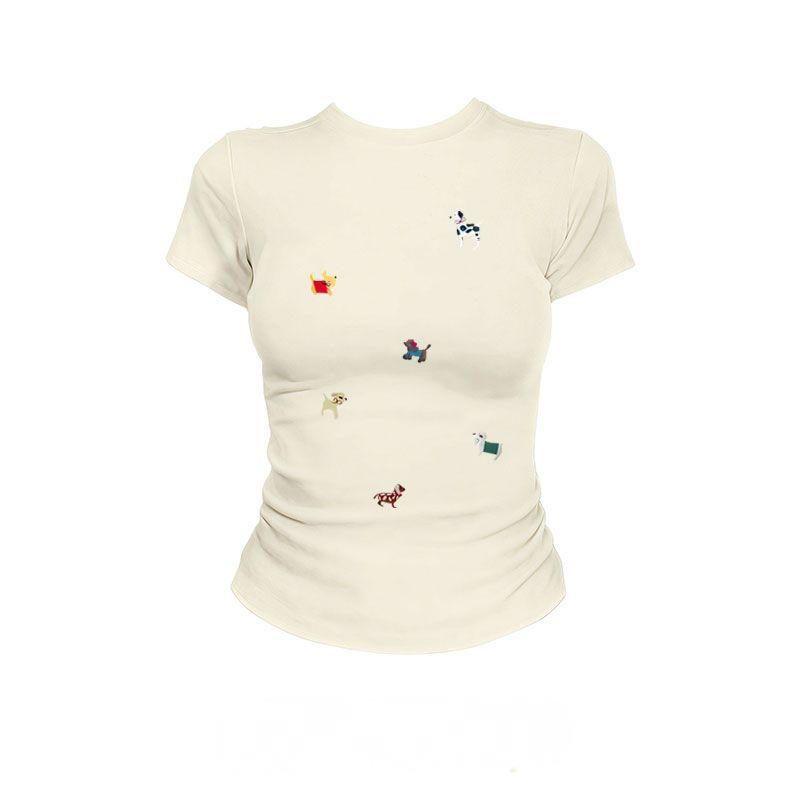 純棉短袖T恤 美式復古 標準肩線 合身顯瘦 小狗印花卡通圖案