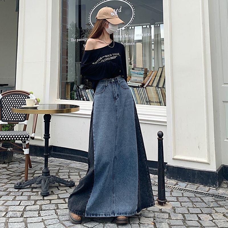 高腰牛仔長裙 小眾設計復古風 顯瘦遮肉A字長版半身裙 春秋款