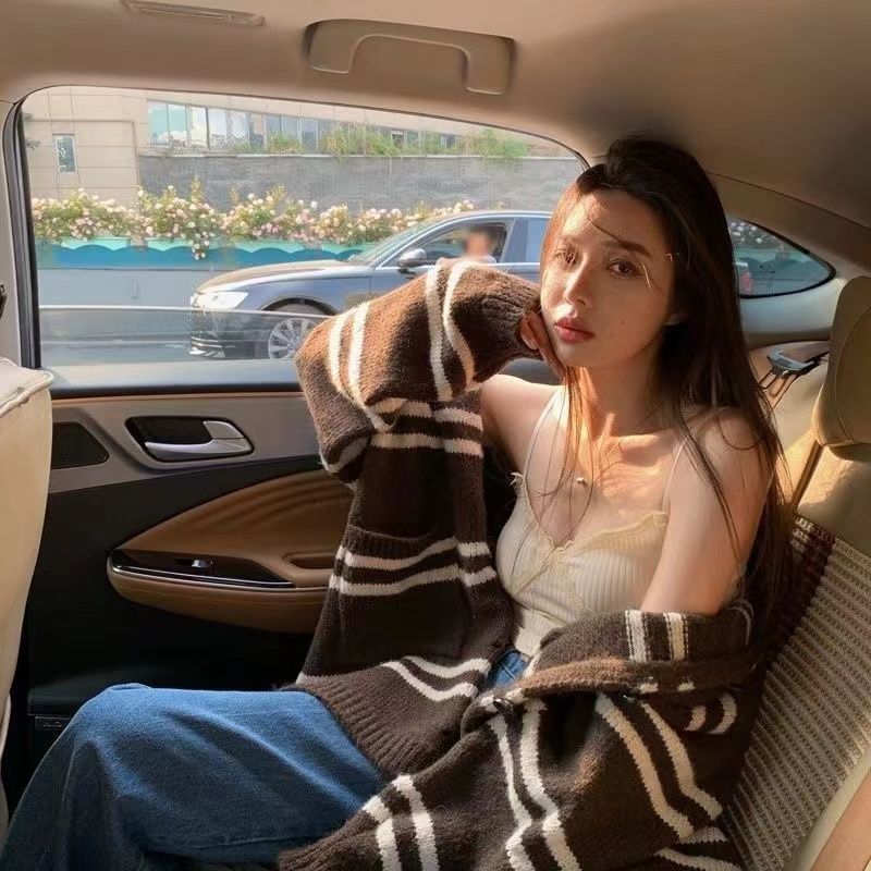 慵懶風條紋連帽針織外套 寬鬆剪裁 秋冬百搭款