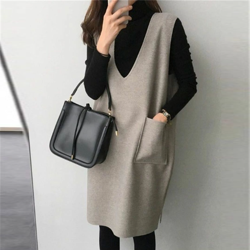 7色毛呢料背心 中長款素色寬鬆無袖連身裙