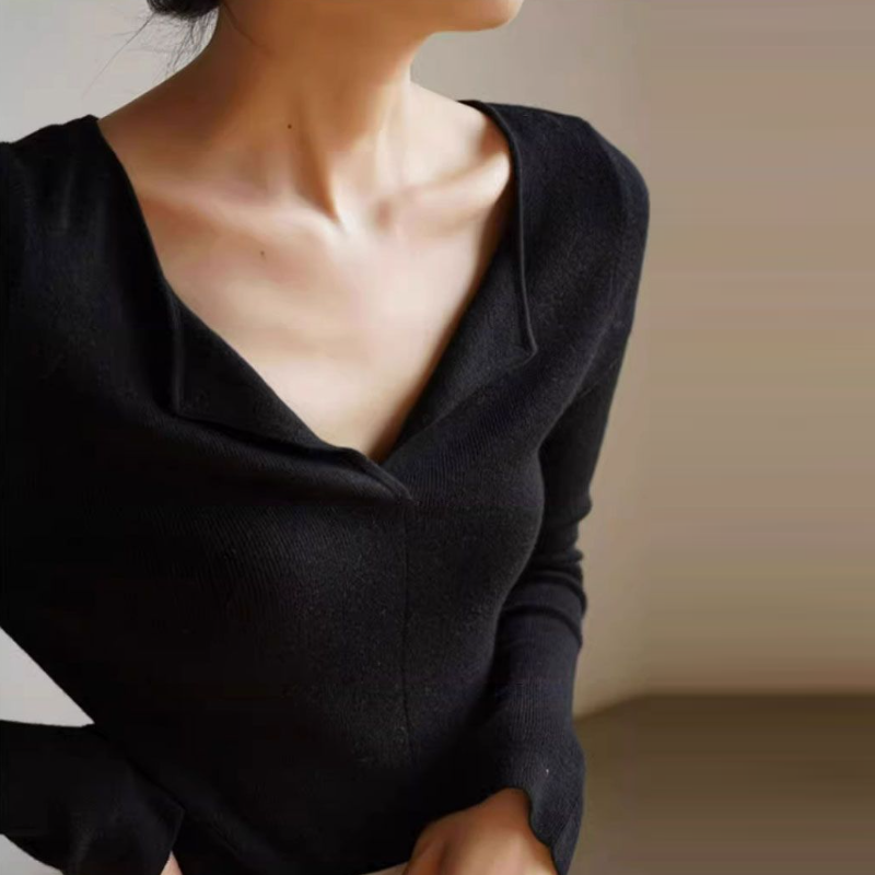 法式開領V領貼身針織上衣 秋冬長袖 羅紋彈性 內搭外穿 高級感