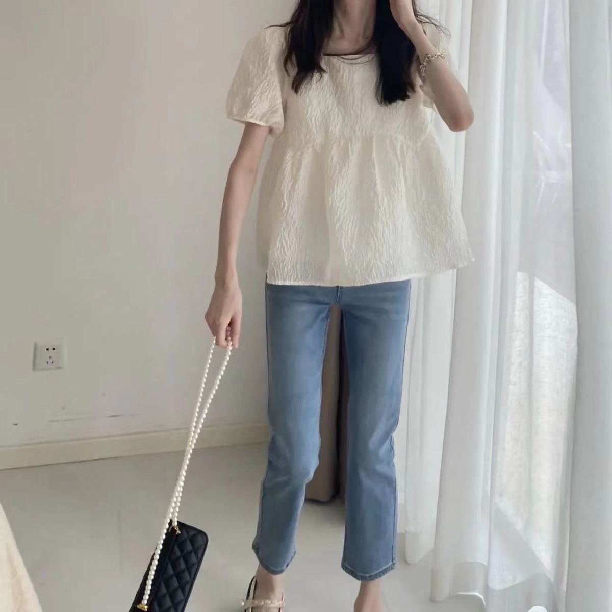 簡約 ‧ 純色方領泡泡袖上衣 宽松短袖襯衫法式肌理感